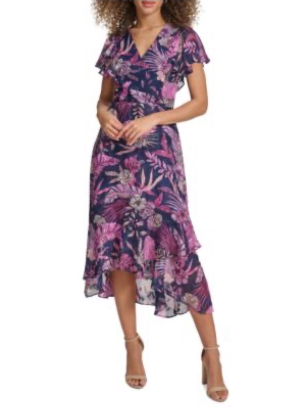 Navy and Pink Floral V-Neck High-Low Dress